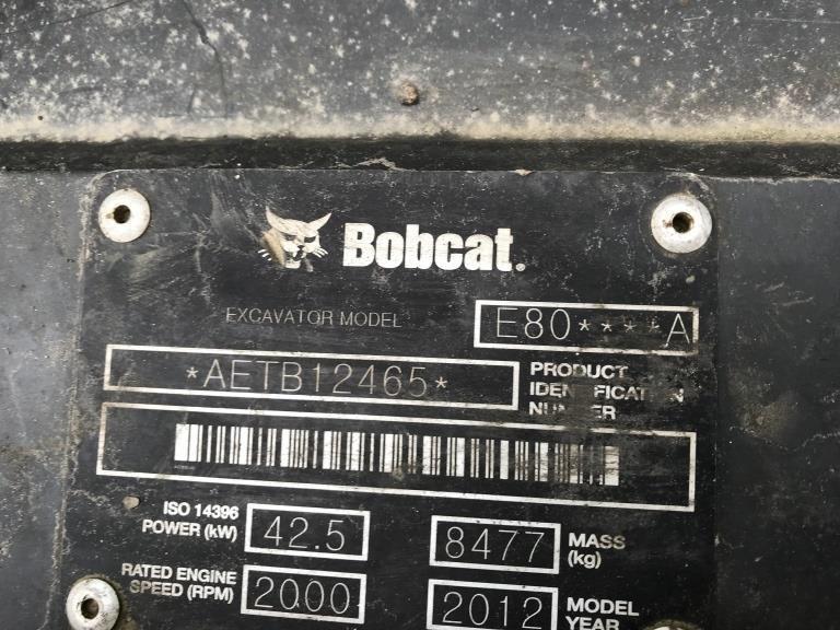 2012 Bobcat E80A Mini Hydraulic Excavator