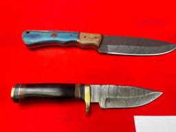 (2) Damascus Knives w/Sheaths, Blue/Black Handles (X 2)