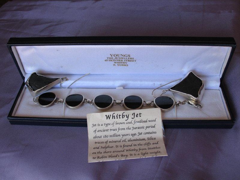 Estate Whitby Jet bracelet & earrings. Polished