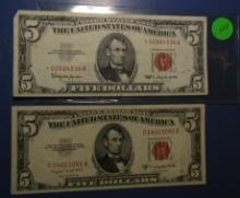 LOT OF 1953-B $5.00 NOTE UNC & 1963 $5.00 STAR NOTE VF/XF (2 NOTES)