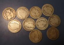 LOT OF TEN MISC. BARBER QUARTERS AVE. CIRC. (10 COINS)