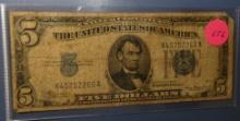 1934-A $5.00 SILVER CERTIFICATE NOTE VG