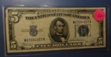 1934-C $5.00 SILVER CERTIFICATE NOTE VF/XF