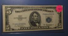 1953-A $5.00 SILVER CERTIFICATE NOTE AU