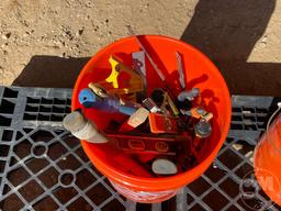 BUCKET OF USED HAND TOOLS INCLUDING HAMMERS, LEVELS, SQUARES AND
