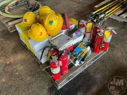 PALLET OF VARIOUS SAFETY EQUIPMENT, FIRE EXTINGUISHERS, EARPLUGS, SAFETY GLASSES,