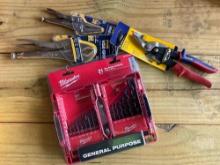21 PC DRILL BITS, VISE GRIPS, AVIATION SNIPS