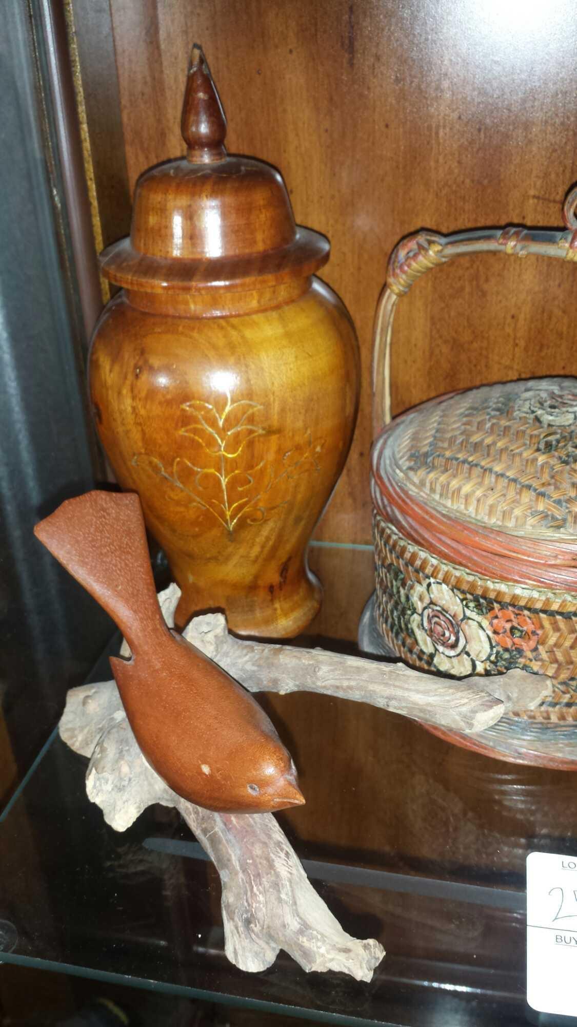 (5) Unique Wooden Pieces - Bird, Cat, Urn, Basket, Owl