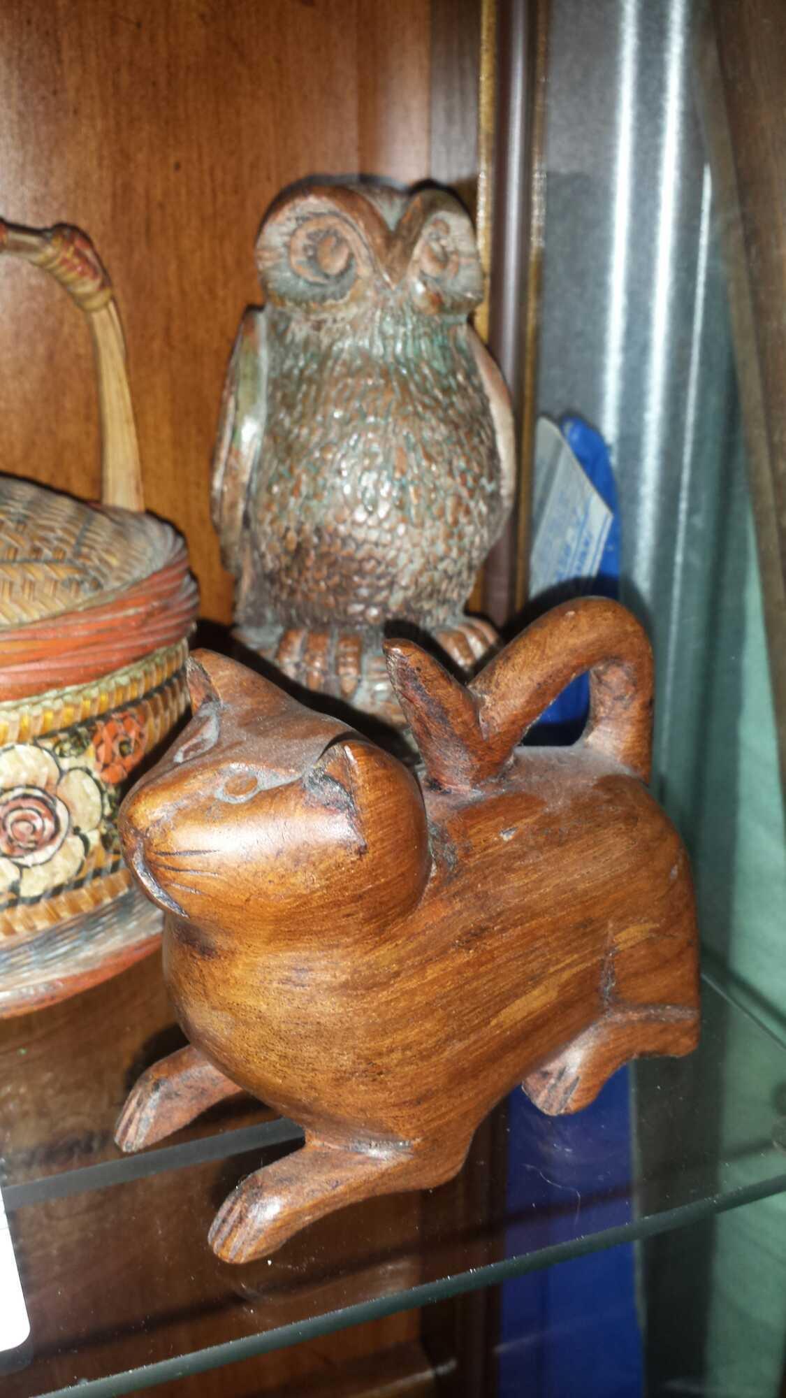(5) Unique Wooden Pieces - Bird, Cat, Urn, Basket, Owl