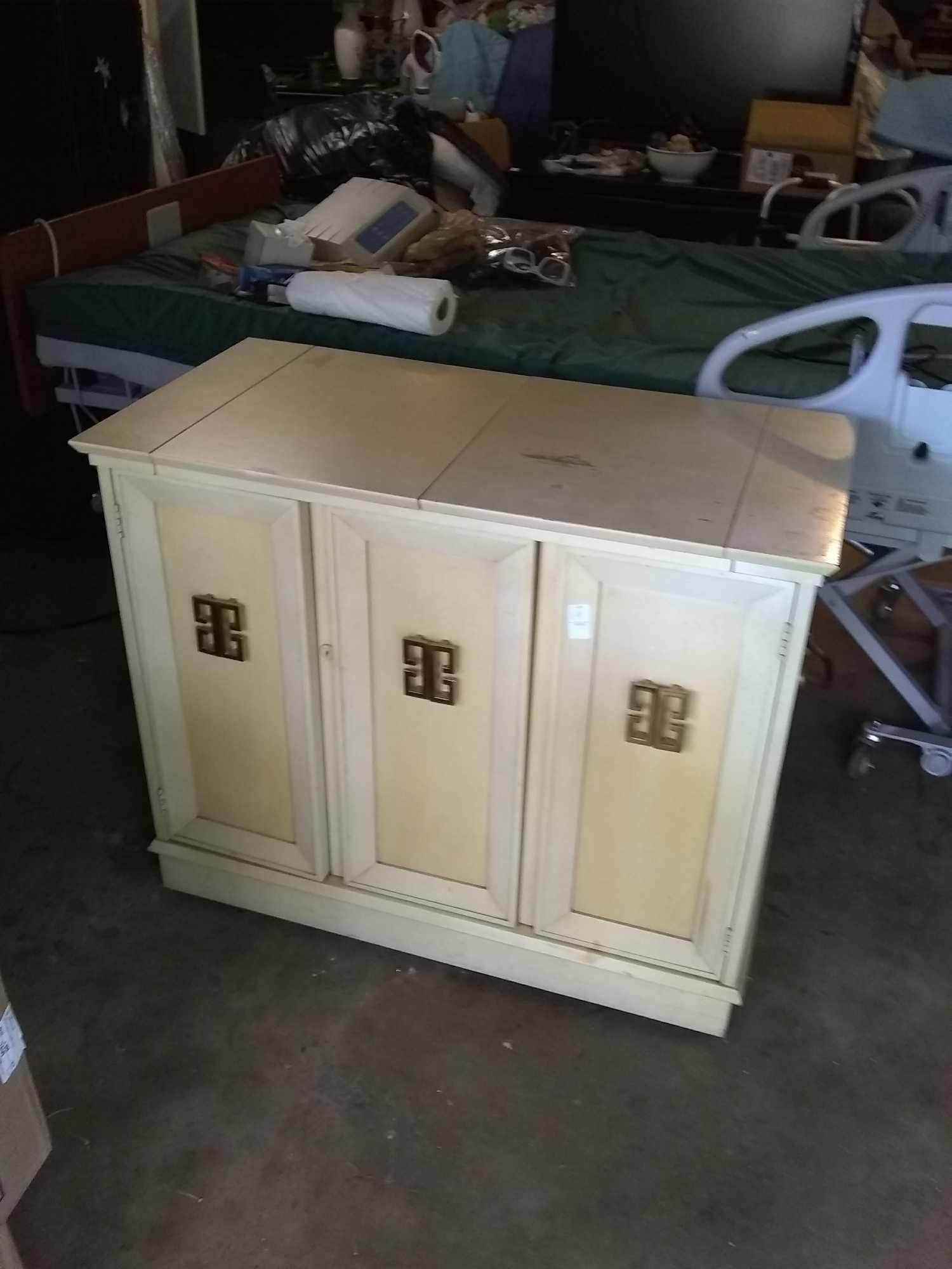 Awesome Rolling Bar Cabinet, Ivory with Gold Accents