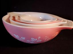 Vintage PInk Gooseberry PYREX cinderella bowl set, complete