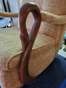 Antique wooden Gooseneck Rocker with carved arms, upolstered
