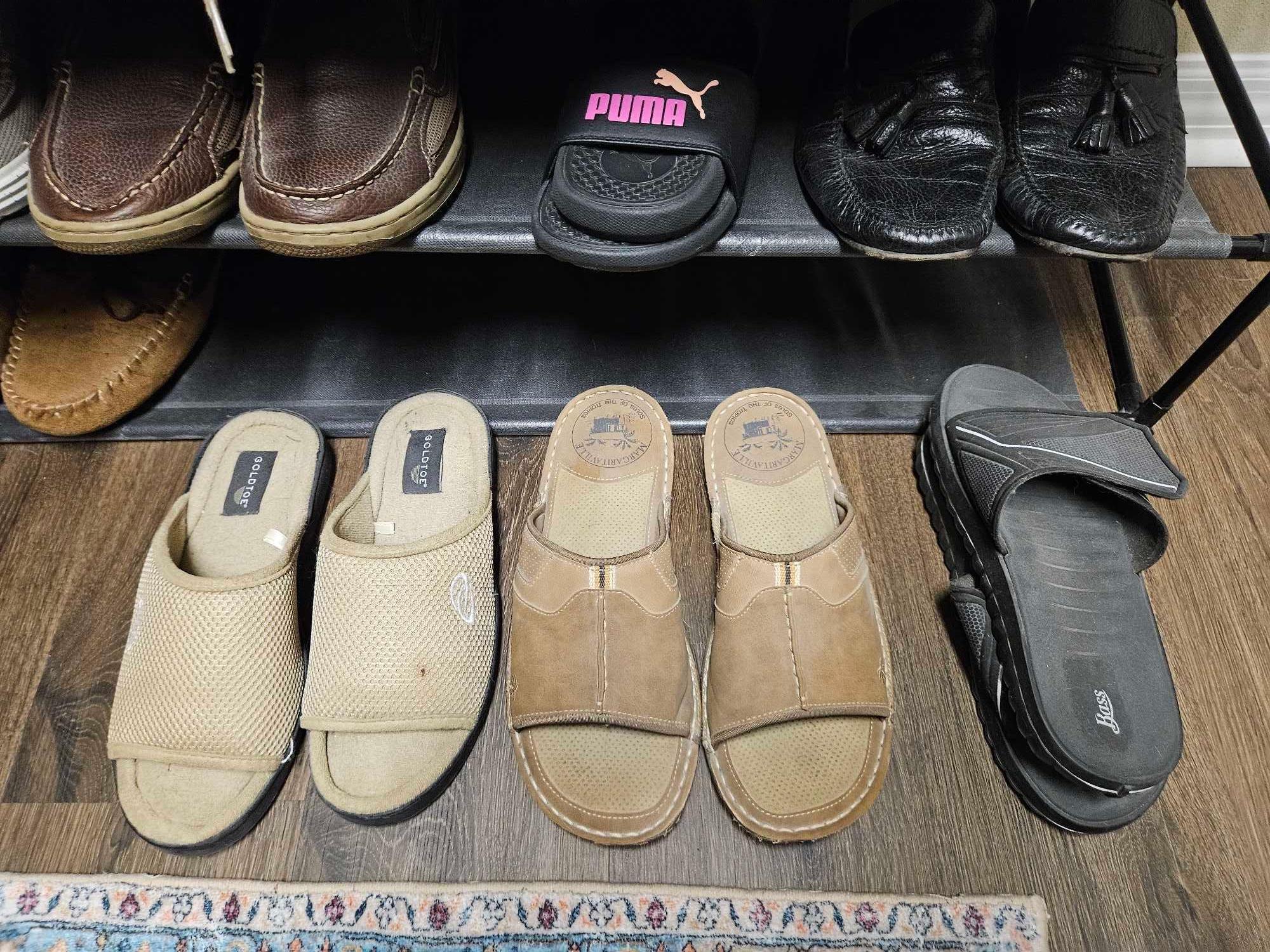 (4) shelves Mens shoes including Skechers, dockers, margaritaville slides,
