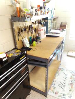 STEEL SHOP WORKBENCH WITH PEGBOARD BACK WALL, TOP SHELF AND ROLL OUT SHELF