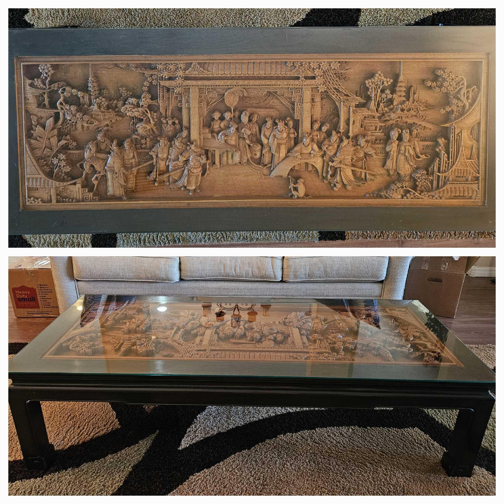 CARVED CHINESE COFFEE TABLE, MADE IN HONG KONG, MID CENTURY