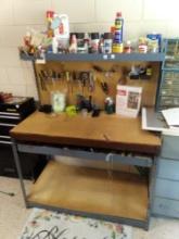STEEL SHOP WORKBENCH WITH PEGBOARD BACK WALL, TOP SHELF AND ROLL OUT SHELF
