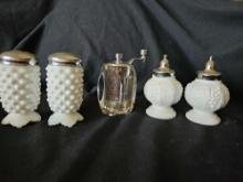 VINTAGE MILK GLASS EHOBNAIL AND EMBOSSED SALT AND PEPPERS