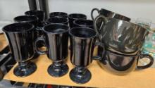 (9) BLACK GLASS IRISH COFFEE MUGS plus (4) Soup Large Mugs