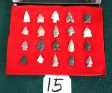 Display Case of 20 Authentic New Mexico Bird Point Arrowhead Artifacts