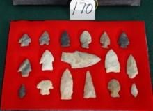 (17)Authentic Arrowheads and Spear Point Artifacts with Large Display Case