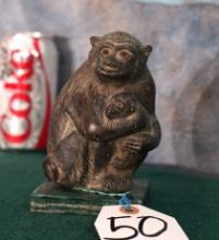 Olive Green Soapstone Carved Monkey with Baby