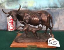A Bronze of Cow with Calf Longhorn called "Ranch Breakfast" by Capt. John Brandt