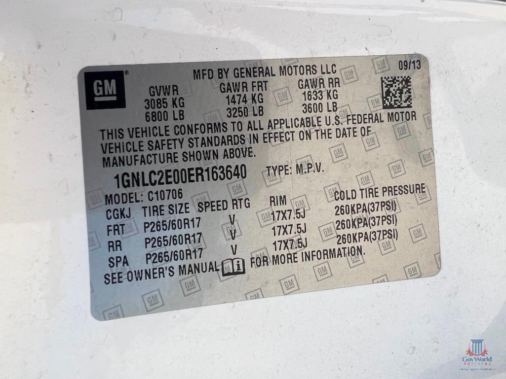 2014 Chevrolet Tahoe Multipurpose Vehicle (MPV), VIN # 1GNLC2E00ER163640