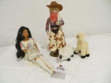 Pocohontas barbie, porcelain cowboy and farm animals