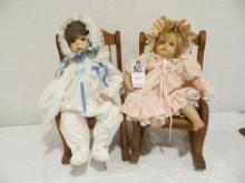 2 Sugar Britches with White dress and Phyllis in Pink Porcelen baby dolls with rocking chairs
