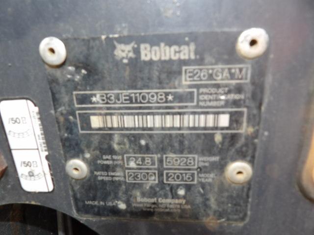 15 Bobcat E26 Mini Excavator w/ Cab Heat & AC, 2 Speed, Backfill Blade, Aux