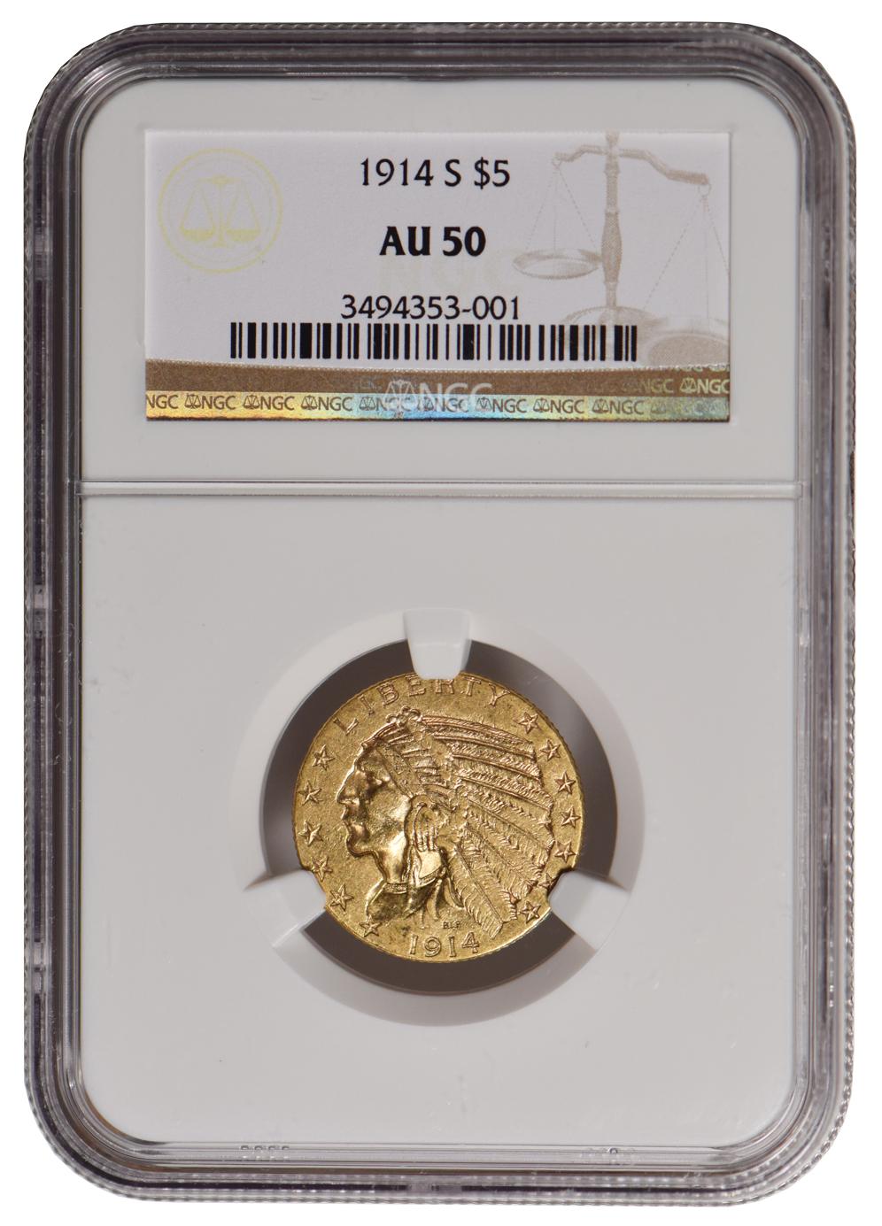 1914-S $5 Indian Head Half Eagle Gold Coin NGC AU50