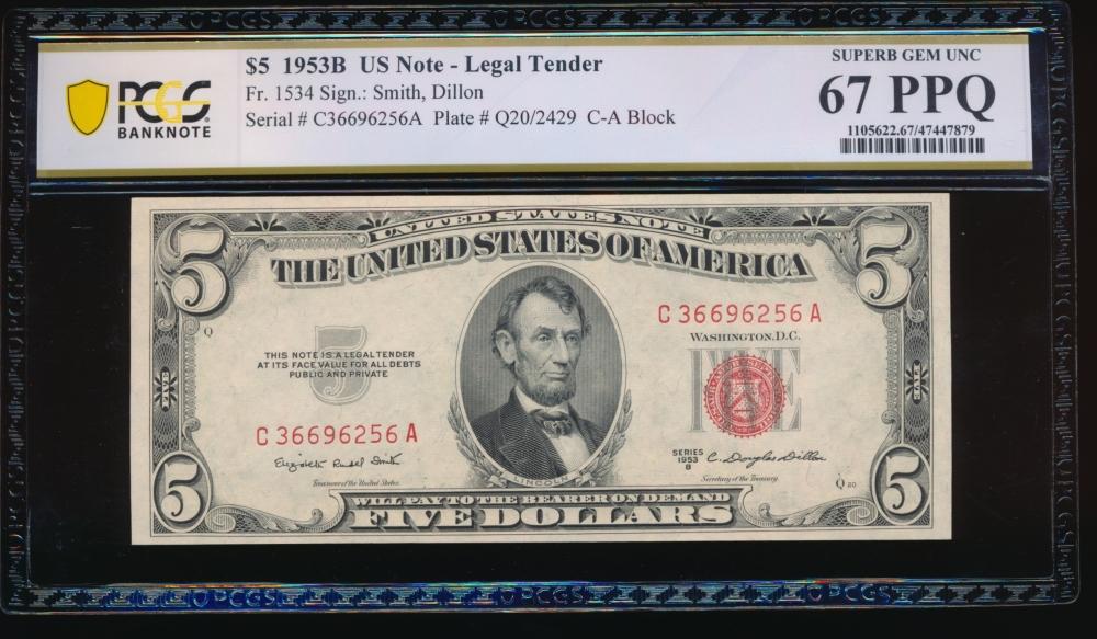 1953B $5 Legal Tender Note PCGS 67PPQ