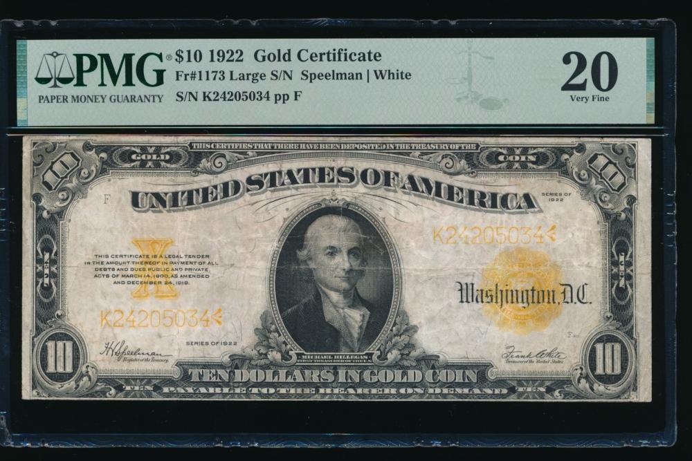 1922 $10 Gold Certificate PMG 20