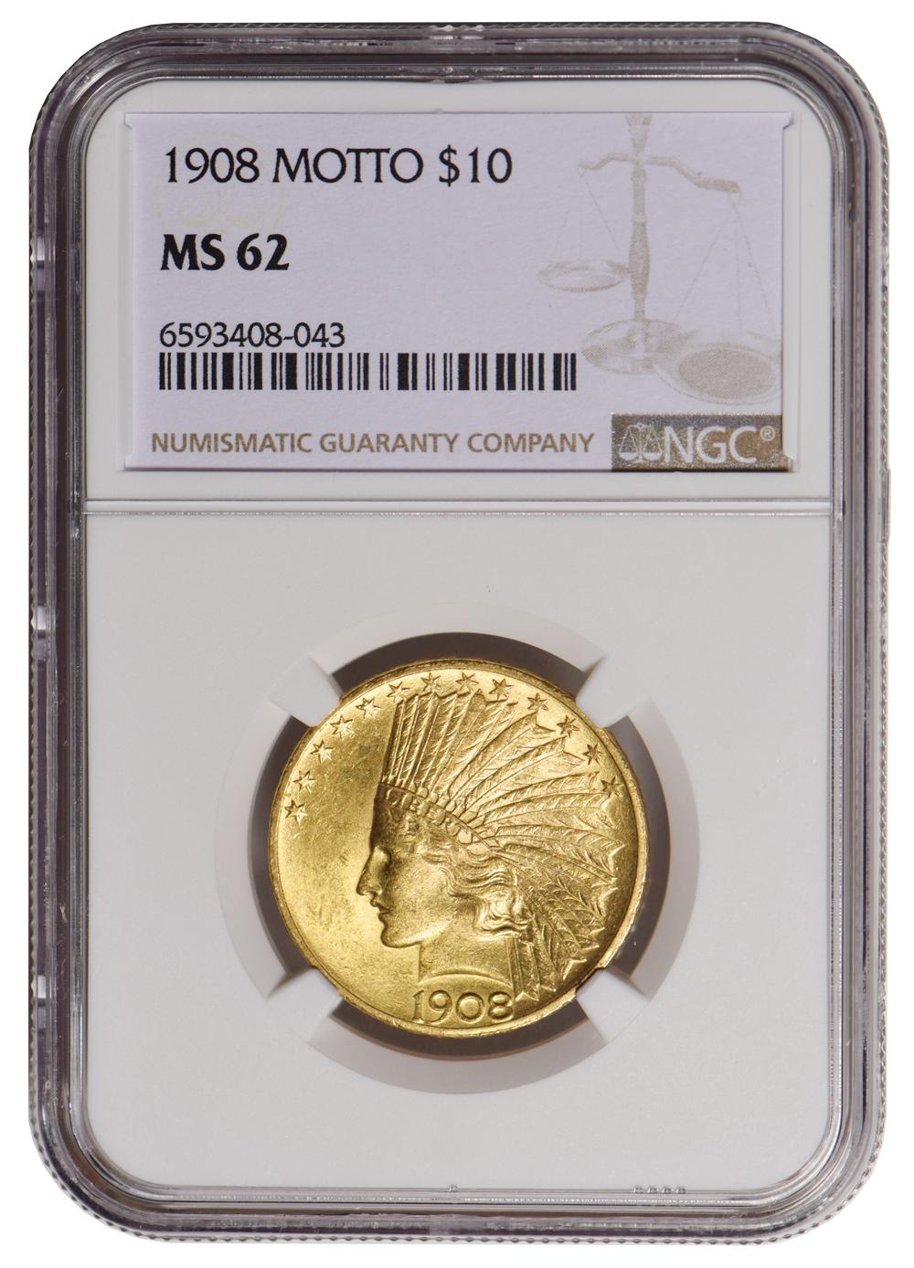 1908 $10 Indian Head Eagle Gold Coin NGC MS62