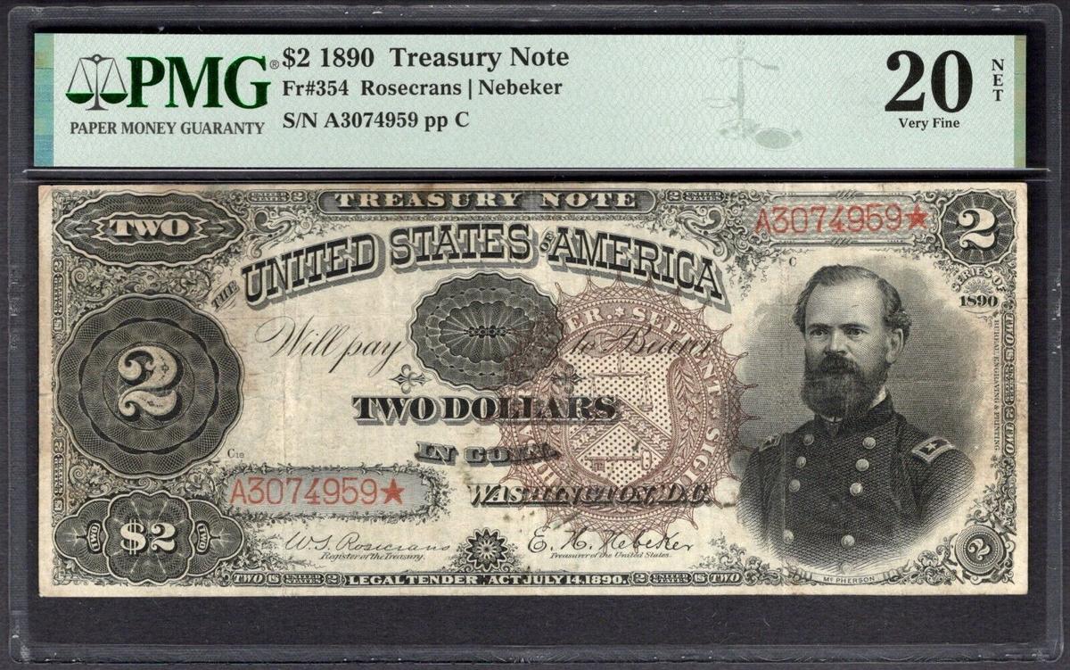 1890 $2 Treasury Note PMG 20NET