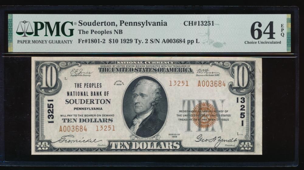 1929 $10 Souderton PA National PMG 64EPQ