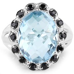 Plated Rhodium 11.93ct Blue Topaaz and Black Spinel Ring
