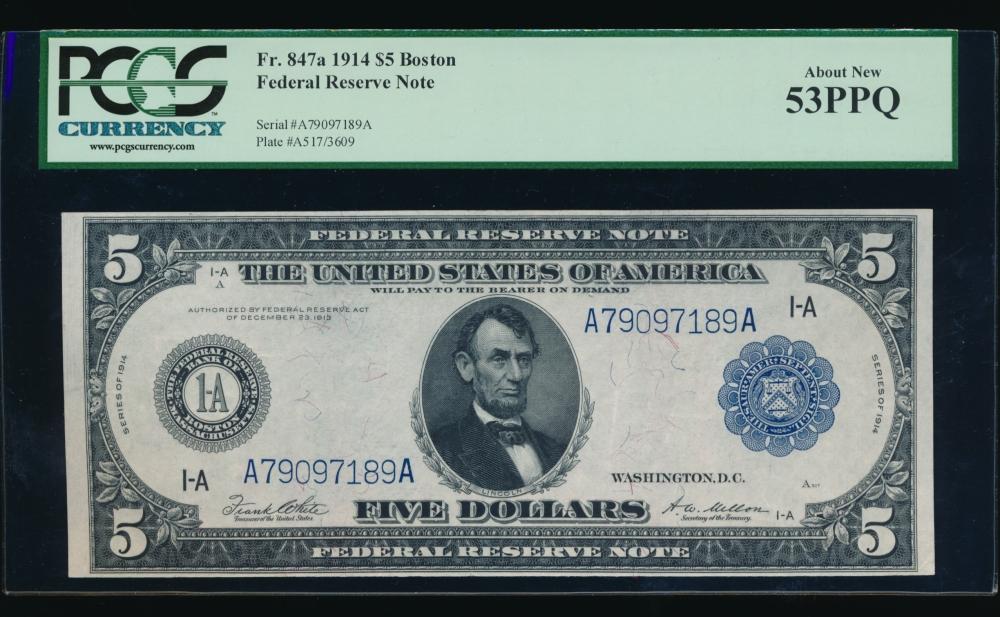1914 $5 Boston FRN PCGS 53PPQ