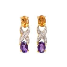 Plated 18KT Yellow Gold 1.62cts Amethyst Citrine and Diamond Earrings