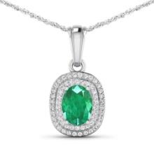 14KT White Gold 1.00ct Emerald and Diamond Pendant with Chain