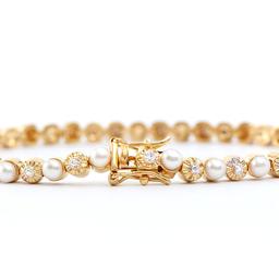 Plated 18KT Yellow Gold 8.05ctw Pearl and Diamond Bracelet