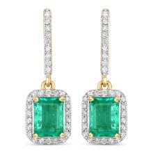 14KT Yellow Gold 2.08ctw Emerald and White Diamond Earrings