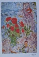 Red Bouquet with Lovers Lithograph