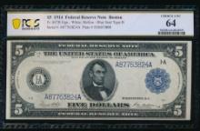 1914 $5 Boston FRN PCGS 64