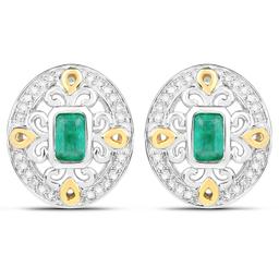 Rhodium Plated 0.69ctw Emerald and Diamond Earrings