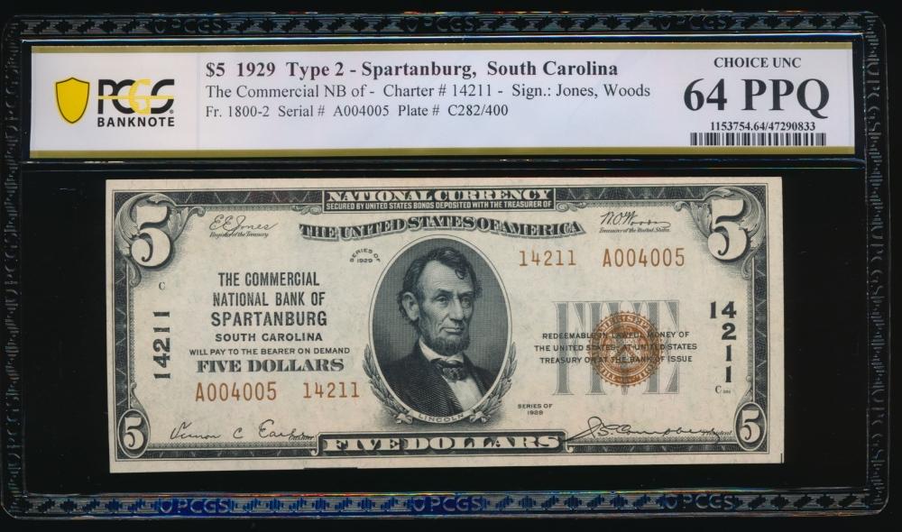 1929 $5 Spartanburg SC National PCGS 64PPQ