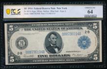 1914 $5 New York FRN PCGS 64