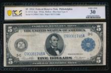 1914 $5 Philadelphia FRN PCGS 30