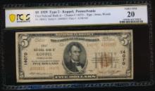 1929 $5 Koppel PA National PCGS 20
