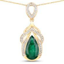 14KT Yellow Gold 4.07ct Zambian Emerald and Diamond Pendant with Chain